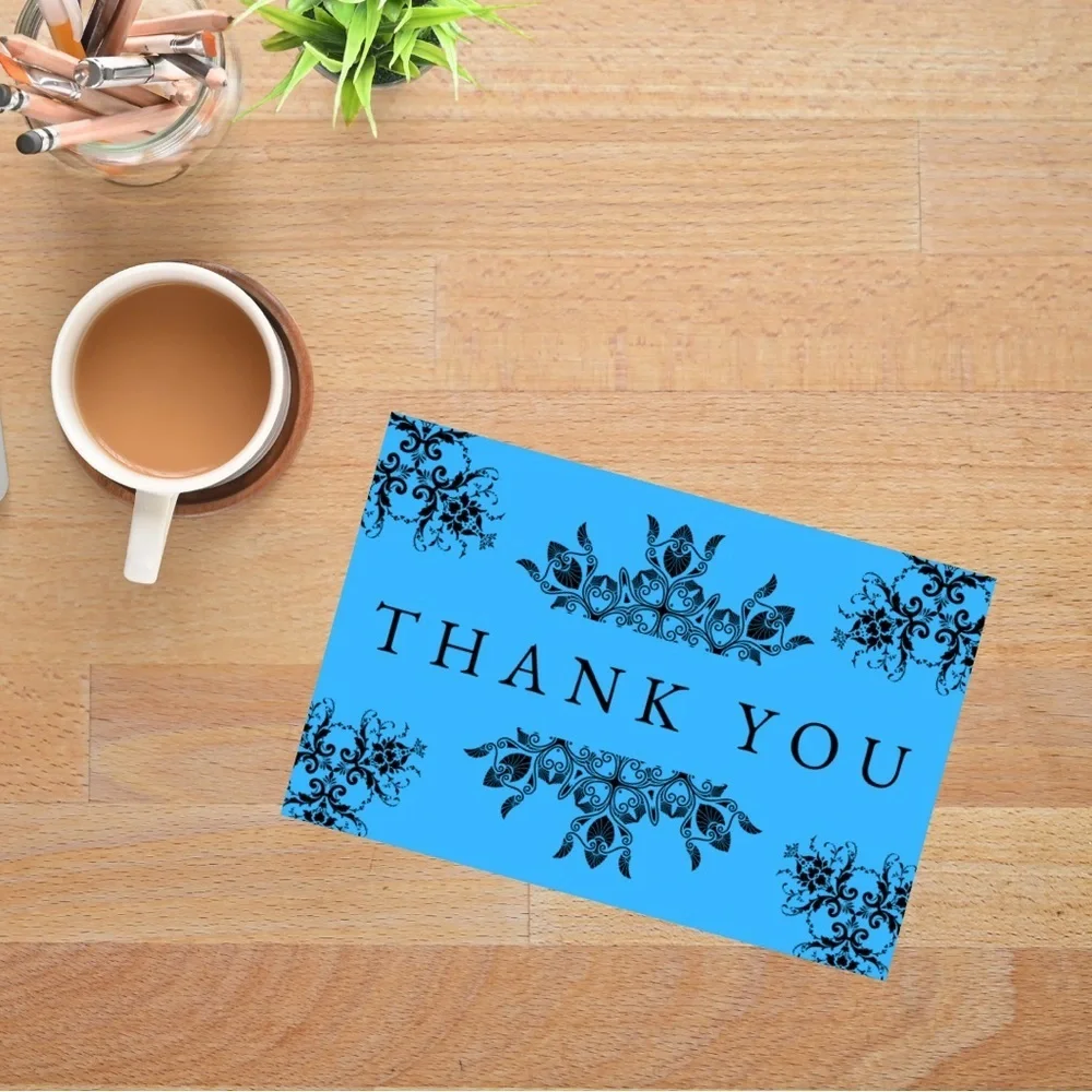 Set of 10 Elegant Blue and Black Thank You Cards